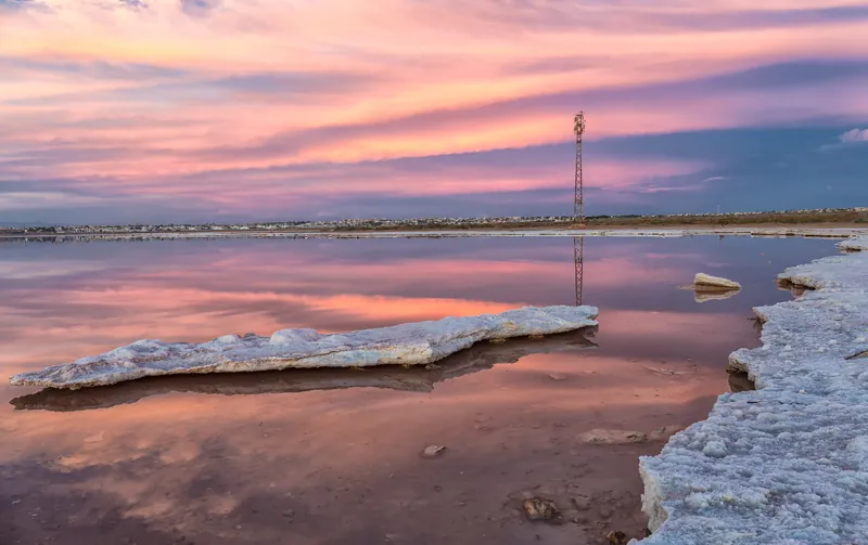 The pink salt lake of Torrevieja at sunset